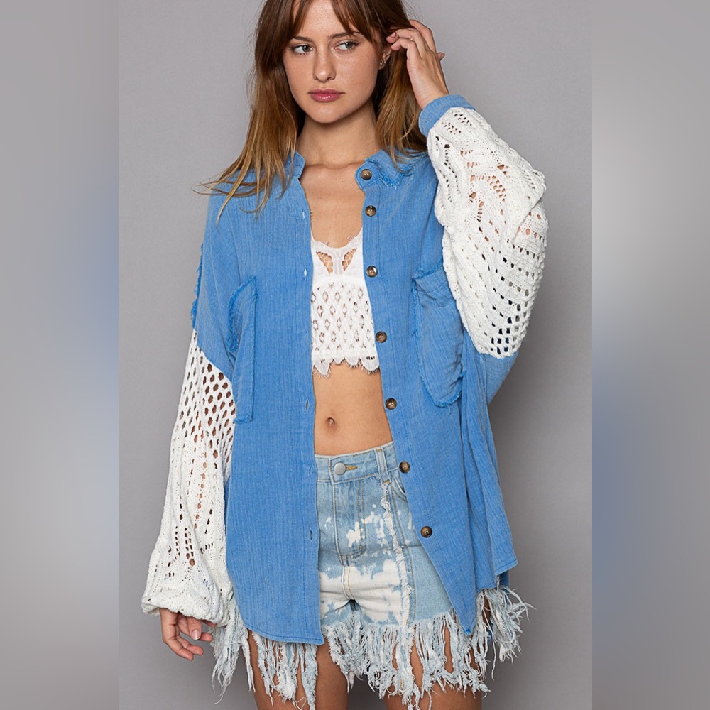 #17 New! Pol Cotton Long Oversized Top with Knit Sleeves